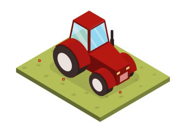 Çimenlikteki traktör. Çiçekli kırmızı nakliye aracı. Çiftçilik, tarım ve bahçıvanlık ekipmanları. Otomasyon için tarımsal taşımacılık. Karikatür izometrik vektör çizimi
