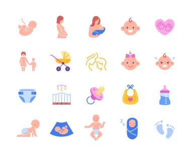 Annelik rengi simgeleri ayarlandı. Hamile kadın ve çocuk. Bebek bezli, bebek havluyla geziyor. Oyuncaklar, emzikler ve bir şişe suyla bebek arabası ve ninni. Düz vektör illüstrasyon koleksiyonu