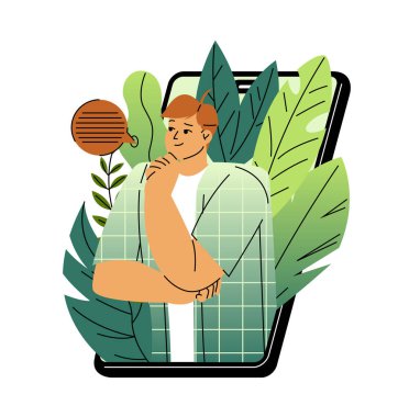 Çevrimiçi servis veya platform. Akıllı telefon ekranından bakıp düşünen mutlu düşünceli bir adam. Karakter uygulamaları ve web sitelerini kullanır. Çizgi film düz vektör çizimi beyaz arkaplanda izole edildi