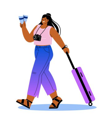 Turist ya da gezgin. Elinde uçak bileti olan ve yurtdışına tatile çıkan gülümseyen genç kız. Yaz seyahati ya da seyahat. Çizgi film düz vektör çizimi beyaz arkaplanda izole edildi