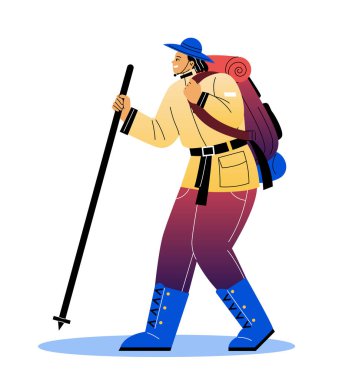 Turist ya da gezgin. Sırt çantası, uyku tulumu ve bastonu olan mutlu adam doğa yürüyüşüne çıktı. Seyahat ve açık hava macerası. Çizgi film düz vektör çizimi beyaz arkaplanda izole edildi