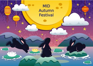 Mid autumn festival. Silhouettes of rabbits on water lilies on water against background of mountains in paper cut style. Invitation and greeting postcard design. Cartoon flat vector illustration clipart