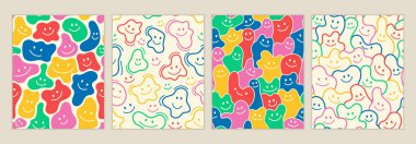 Gülümseme kalıpları ayarlandı. Yazdırma için tekrarlanan tasarım ögeleri koleksiyonu. Karalama tarzında çeşitli renkli karakterler. Bej arkaplanda izole edilmiş çizgi film düz vektör çizimleri