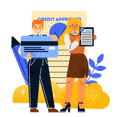 Credit approval concept. Man and woman bank employees provide credit card, loan or mortgage to buy real estate. Good credit score. Cartoon flat vector illustration isolated on white background clipart