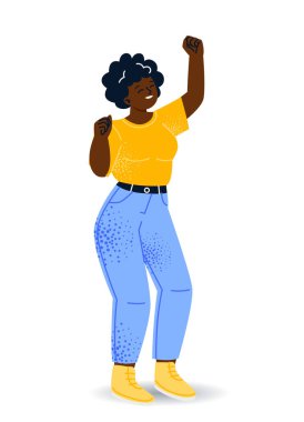 Pozitif jest gösteren kişi. Gülümseyen kadın mutluluğu ifade eder. Yumruklarını sıkarak evet hareketi gösteren bir karakter. Çizgi film düz vektör çizimi beyaz arkaplanda izole edildi