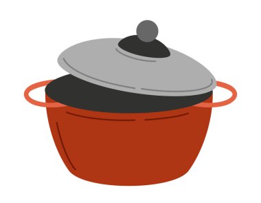 Saucepan with lid sticker. Kitchen element in hand drawn style for cooking and simmer dishes. Red dinnerware cauldron for languishing food. Cartoon flat vector illustration on white background clipart