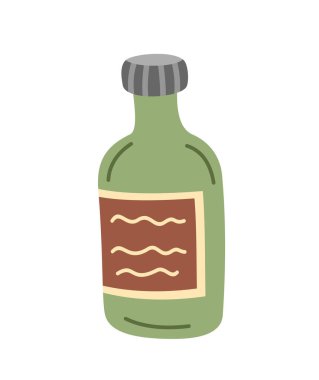 Sos şişesi ikonu. Yemek ve kızartma için gerekli malzemeler. Zeytinyağı ya da karalama ve el yapımı içecek. Kapaklı yeşil mutfak elementi. Beyaz arkaplanda çizgi film düz vektör çizimi