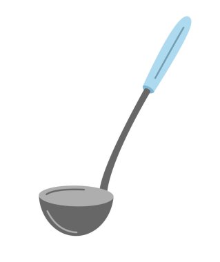 Ladle renkli çıkartma. Tavadan çorba doldurmak için mutfak kaşığı. Yemek pişirme, yemek takımı ve çatal bıçak konsepti. Elle çizilmiş web siteleri için simge. Beyaz arkaplanda çizgi film düz vektör çizimi