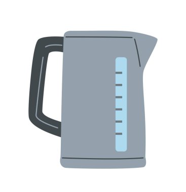 Elektrikli çaydanlık çıkartması. Isıtma ve kaynar su için aygıt veya element. Çay içmek için çaydanlık. Elle çizilmiş simge. Mutfak aletleri. Beyaz arkaplanda çizgi film düz vektör çizimi