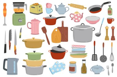Mutfak gereçleri ayarlandı. Çaydanlık, blender, çatal bıçak, tabak ve bıçaklı çıkartmalar. Yemek ve yemek pişirmek için araç gereçler. Çizgi film düz vektör koleksiyonu beyaz arkaplanda izole edildi