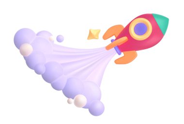 Uzay gemisinin kalkışı. Hızla uzaya uçan roketli cildi olan bir etiket. Web siteleri ve sosyal medya için renkli kozmik element. Beyaz arkaplanda izole edilmiş 3B gerçekçi vektör illüstrasyonu