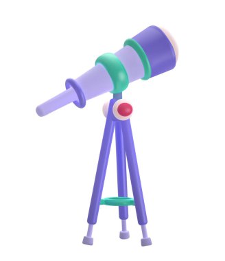 Uzay teleskobu çıkartması. Astronomi çalışmak için ses ötesi simge. Fizik, gezegenler, evren kavramı. Değerlendirme yıldızları için aygıt. Beyaz arkaplanda izole edilmiş 3B gerçekçi vektör illüstrasyonu