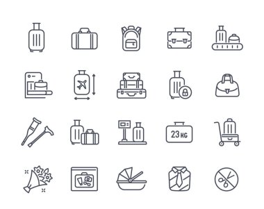 Linear luggage set. Travel, leisure and vacation icons set in line art style. Different size and weight of bag and backpack for airport. Thin flat vector collection isolated on white background clipart