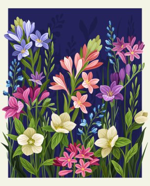 Botanical color print. Flower arrangement bouquet. Field beautiful plants, leaves, petals and grass. Blooming organic elements. White frame with vegetation inside. Realistic vector illustration clipart