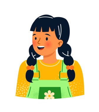 Konuşan kızın portresi. Siyah örgülü ve sarı kazaklı, arkadaş canlısı küçük bir çocuk. Tatlı çocuk Avatar 'ı. Mutlu kız hikaye anlatır. Çizgi film düz vektör çizimi beyaz arkaplanda izole edildi