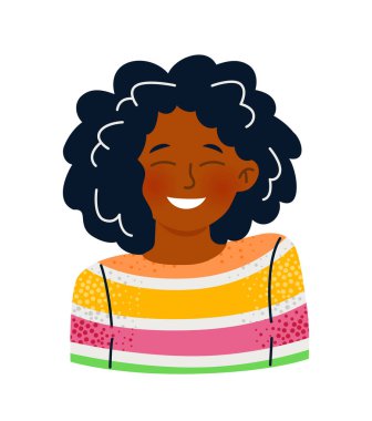 Bukleli kız gülüyor. Gülümseyen mutlu esmer çocuk, kısa siyah saçlı, parlak gülümsüyor. Renkli çizgili kazaklı çocuk Avatar. Çizgi film düz vektör çizimi beyaz arkaplanda izole edildi