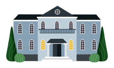 Renkli ev cephesi. Büyük evi ya da evi olan bir etiket. Şehir mimarisi ya da modern köy mahallesi. Çatısı olan tuğla bina. Çizgi film düz vektör çizimi beyaz arkaplanda izole edildi