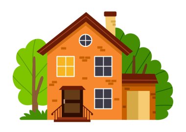 Renkli ev cephesi. Şehir binalı çıkartma mı yoksa garajlı tuğla ev mi? Şehir manzarası ya da köy mahallesi. Modern mesken. Çizgi film düz vektör çizimi beyaz arkaplanda izole edildi