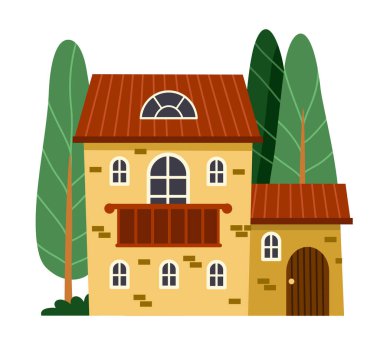 Renkli ev cephesi. Garajı ve balkonu olan modern köy evinin renkli çıkartması. Şehir mimarisi ya da şehir mahallesi. Çizgi film düz vektör çizimi beyaz arkaplanda izole edildi