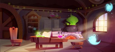 Büyücü simya odası. Yeşil dumanlı kazanın yanında kimyasallar ve malzemelerle test tüpleri olan bir masa. İksir ve büyü, büyücülük ve büyücülük. Çizgi film düz vektör çizimi