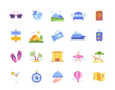 Seyahat etiketleri hazır. Seyahat, turizm ve tatil için renkli unsurlar. Deniz, havaalanı, otel konsepti. Pasaport, bavul ve tekne ikonları. Çizgi film düz vektör koleksiyonu beyaz arkaplanda izole edildi