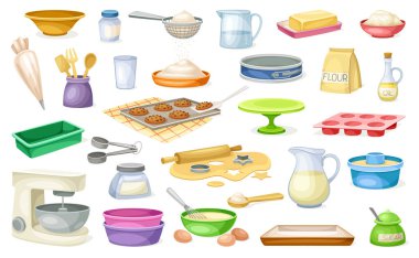 Fırın malzemeleri seti. Şekerleme pişirme işlemi. Mutfak gereçleri, un, karıştırıcı, yumurta etiketleri. Yemek, kurabiye, çörek konsepti. Çizgi film düz vektör koleksiyonu beyaz arkaplanda izole edildi