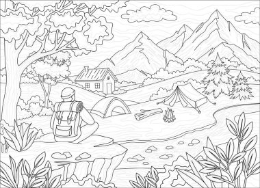Seyahat kitabını boyamak. Yetişkinler ve çocuklar için Zen karışıklığı tarzında stres karşıtı çizimler. Doğadaki adamla eskiz yap. Manzara, dağlar, kamp konsepti. Siyah ve beyaz düz vektör çizimi
