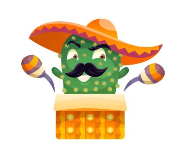 Meksika kostüm etiketli kaktüs. Marakas tutan geleneksel sombrero ev bitkisi ikonu. Gözleri, ağzı ve bıyığı olan komik bir karakter. Beyaz arkaplanda çizgi film düz vektör çizimi