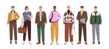 Bir grup şık erkek. Modern moda kıyafetli bir grup karakter. Erkekler gündelik giyim seti. Bir grup genç ve güzel giyinmiş insan. Çizgi film düz vektör koleksiyonu beyaz arkaplanda izole edildi