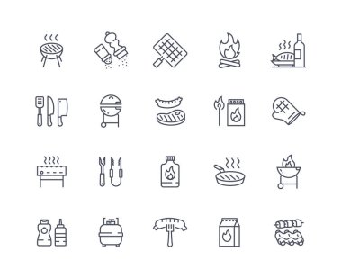 Barbekü ikonları ana hatları ayarlandı. BBQ ve Junik yemeği. Izgara et, domuz eti ve biftek, balık ve sosis. Kafe ya da restoran menüsü, açık hava pikniği. Düz vektör koleksiyonu beyaz arkaplanda izole edildi