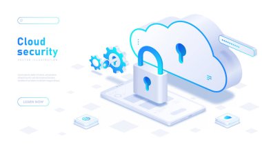 Bulut güvenlik beyaz bayrağı. İnternetteki Kişisel Verilerin Güvenliği ve hackerların saldırılarının önlenmesi. Elektronik depolama ya da bilgi içeren arşiv. İzometrik vektör illüstrasyonu