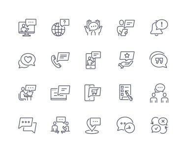 İleti simgeleri ana hatları ayarlandı. Elektronik posta, sosyal ağlar ve kuryeler. İnternette sohbet ya da diyalog. Akıllı telefon, dizüstü bilgisayar ve konuşma balonları. Düz vektör koleksiyonu beyaz arkaplanda izole edildi