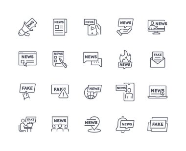 Haber simgeleri belirlendi. Sahte bilgilerle ve doğrulanmamış haberlerle kitle iletişim araçları. Sosyal medya propagandası. Web sitesi için grafiksel öğeler. Düz vektör koleksiyonu beyaz arkaplanda izole edildi