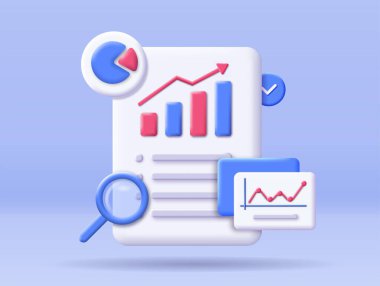 Üç boyutlu analitik kavramı. Grafikleri ve diyagramları olan bir belgenin yanında büyüteç. Yıllık iş raporu, pazarlama araştırması. Web sitesi simgesi. Görev yönetimi ve planlama. İzometrik vektör illüstrasyonu