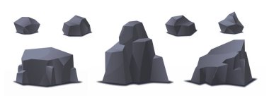 Taş seti. Video oyununun gelişimi için grafiksel elementler, güzel doğal manzara ve manzara. Dağlar, tepeler, taşlar. Çizgi film düz vektör koleksiyonu beyaz arkaplanda izole edildi