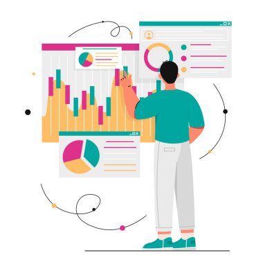 Grafiklerin analizi. Adam haritaların önünde duruyor ve piyasa araştırması yapıyor. Veri ve istatistiklerin görselleştirilmesi, bilgi grafikleri. Tüccar ve yatırımcı, asistan. Çizgi film düz vektör çizimi