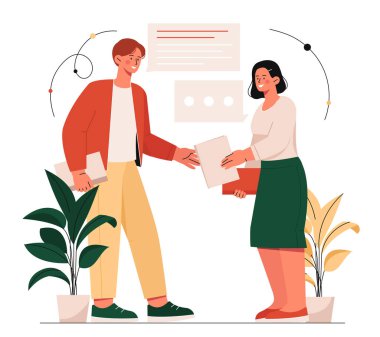 İş konuşması konsepti. Kadın ve erkek belgeleri değiş tokuş ediyor. Girişimcilerin iletişim ve etkileşimi. İşbirliği ve işbirliği, ortaklık. Çizgi film düz vektör çizimi