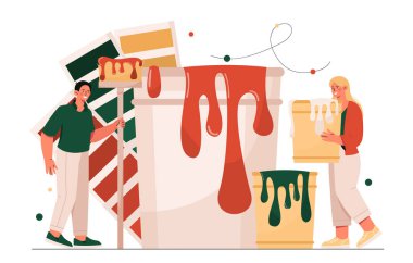 Profesyonel dekoratör konsepti. Fırçalı kadınlar boya kovalarının yanında. Envanteri olan inşaatçılar ve ressamlar. Tadilat, ev ya da apartmanda inşaat. Çizgi film düz vektör çizimi