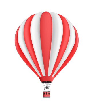 Kırmızı ve beyaz hava balonu. Uçuşlar için hava taşımacılığı. Yaz seyahati ve turizm. Boş zaman ve açık hava eğlencesi. Hayal gücü ve fantezi. Sosyal medya etiketi. Çizgi film düz vektör çizimi