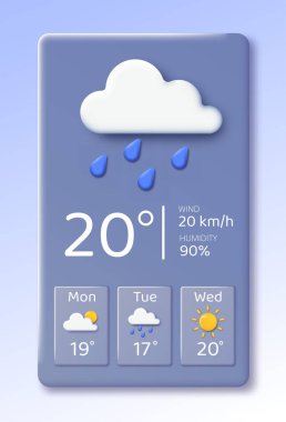 3D hava durumu uygulaması posteri. Sıvı damlalı bulut, sonbahar mevsiminde yağmur ve fırtına. Meteoroloji ve hava durumu. Bilgi grafikleri ve veri görselleştirmesi. İzometrik vektör illüstrasyonu