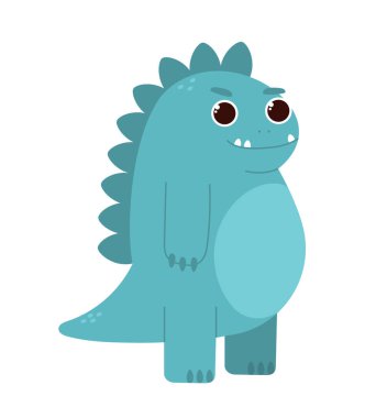 Şirin mavi canavar. İblis ya da şeytan. Sevimli dinozor, hayali karakter. Hayal gücü ve fantezi. Web sitesi afişi ya da afişi. Çizgi film düz vektör çizimi beyaz arkaplanda izole edildi