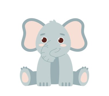 Şirin safari fili. Büyük kulakları ve gövdesi olan gri bir hayvan. Biyoloji ve zooloji, hayvanat bahçesi. Sosyal ağlar ve kuryeler için etiket. Çizgi film düz vektör çizimi beyaz arkaplanda izole edildi