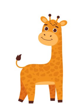 Şirin bir safari zürafası. Sosyal ağlar için etiket. Büyük boyunlu benekli bir hayvan. Tropik ve egzotik Afrika faunası ve savanası. Çizgi film düz vektör çizimi beyaz arkaplanda izole edildi