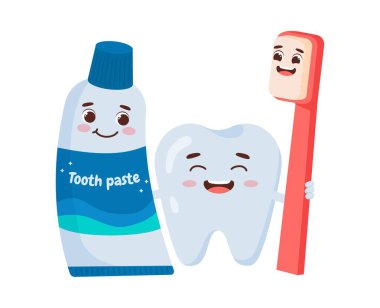 Diş fırçası ve diş macunu karakteri. Diş, ağız temizliği envanterinin yanında. Sağlık ve dişçilik. Tıbbî bilgiler. Çizgi film düz vektör çizimi beyaz arkaplanda izole edildi