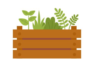 Bahçe çiçekleri konsepti. Web sitesi simgesi. Çiçek kutusu, bitkiler ve dallar, yapraklar. Çiftçilik ve tarım, köy. Poster ya da afiş. Çizgi film düz vektör çizimi