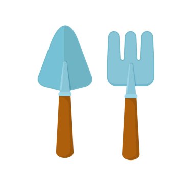 Bahçe tırmığı konsepti. Web sitesi simgesi. Ekinler ve ekinler için aletler. Çiftçiler ve bahçıvanların envanteri. Sosyal medya etiketi. Botanik ve çiçekçilik. Çizgi film düz vektör çizimi