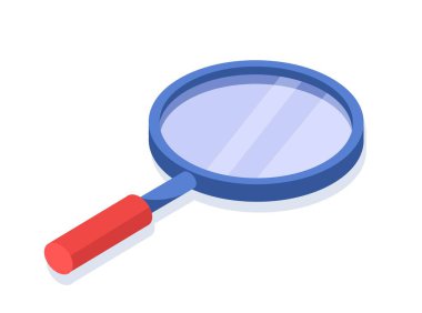 Isometric magnifying glass concept. Inventory for research and search for objects. Loupe and lens. Template, layout and mockup. Cartoon 3D vector illustration isolated on white background clipart