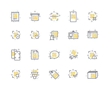 Qr kod renk simgeleri ayarlandı. Makbuzlar ve kısa bağlantı tarayıcılı akıllı telefonlar. Pazarlama ve reklam, ürün satışları ve envanter. Düz vektör koleksiyonu beyaz arkaplanda izole edildi