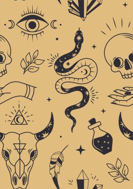 Mistik, pürüzsüz desen. Kumaş üzerine baskı yapmak için tasarım ögesi tekrarlanıyor. Yılan, kafatası ve göz. Kutsal ve kutsal eşyalar, din. Mistisizm ve ezoterizm. Düz vektör illüstrasyonu