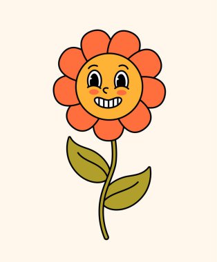 Retro hippi çiçek konsepti. Yüzleri olan kırmızı bitki. Bahar ve yazın sembolü. Çiçekçilik ve botanik. Poster ya da afiş. Çizgi film düz vektör çizimi bej arkaplanda izole edildi